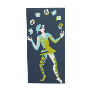 Juggler Hurrah! Card in Green, Turquoise and Navy by Cambridge Imprint