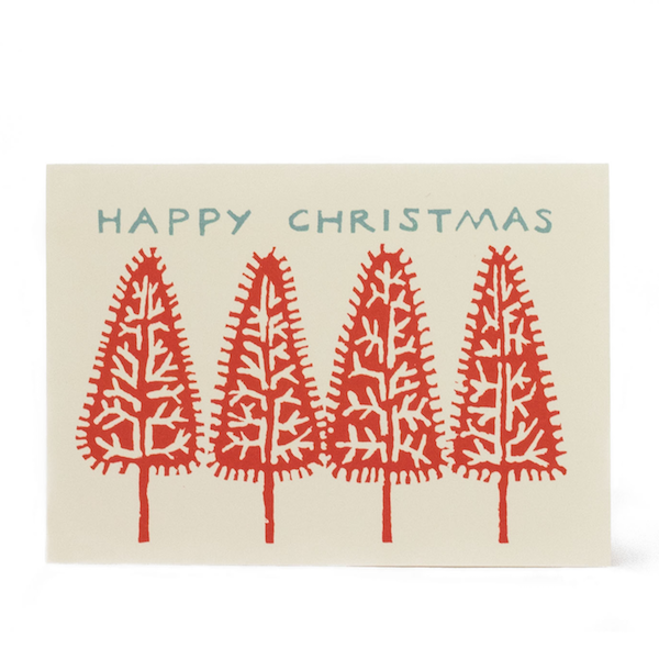 Pack of Ten Cards Happy Christmas Trees Coral and Pale Turquoise