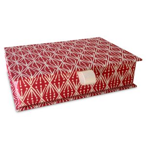 Postcard Box covered in Selvedge Madder patterned paper by Cambridge Imprint