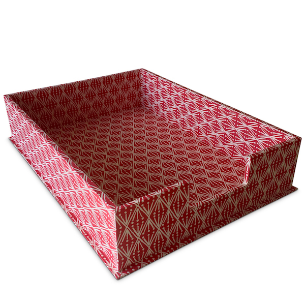 A4 Letter Tray covered in Selvedge Madder patterned paper by Cambridge Imprint