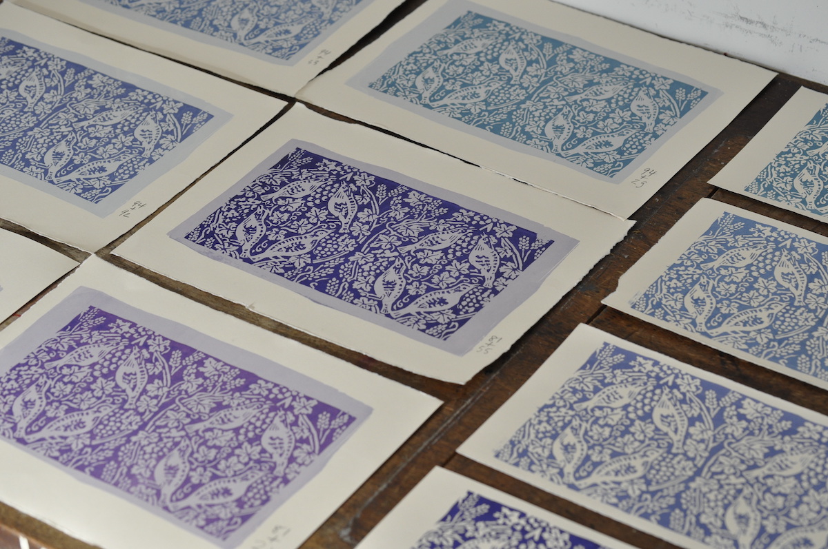Colour samples for Peggy Angus 'Birds and Grapes' pattern published by Cambridge Imprint