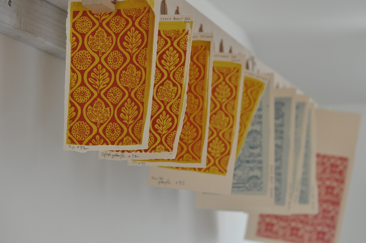 Swatches of Peggy Angus 'Oak Leaves' paper published by Cambridge Imprint