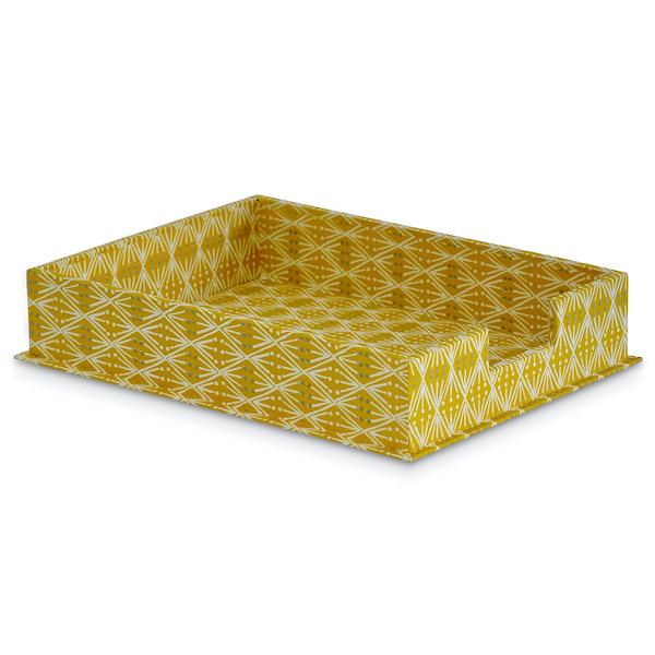 Small Cambridge Imprint Letter Tray covered in Selvedge Mustard patterned paper