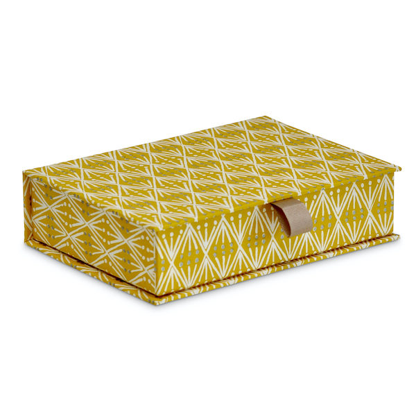 Postcard Box covered in Selvedge Mustard patterned paper by Cambridge Imprint