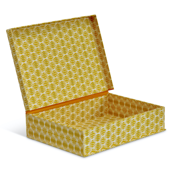 Hand-built A4 Box File covered in Selvedge Mustard Patterned Paper