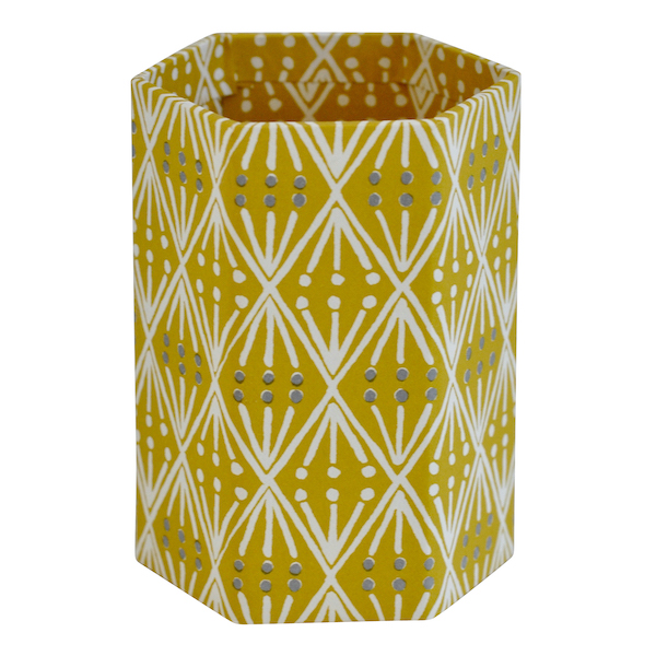 Pencil Pot covered in Selvedge Mustard patterned paper