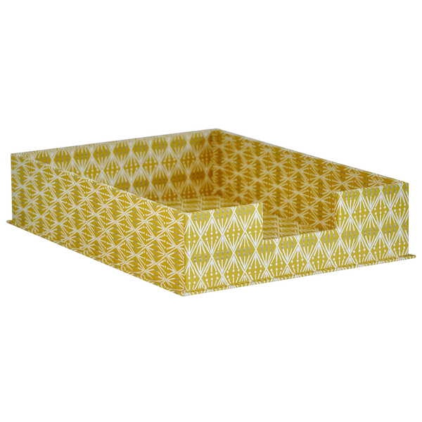 Letter Tray covered in Selvedge Mustard patterned paper
