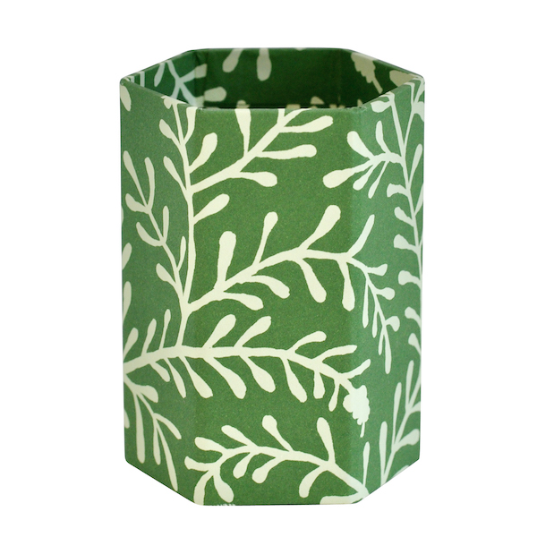 Pencil Pot covered in Sprig Pea Green patterned paper
