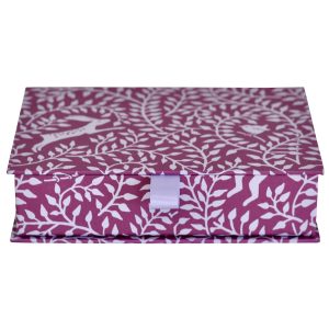 Cambridge Imprint Postcard Box covered in Dancing Hare Violet patterned paper
