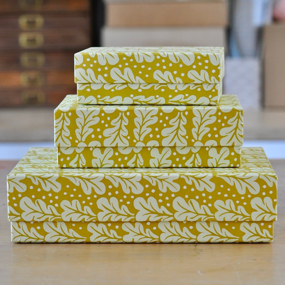 A Nest of Three Simple Boxes in Quercus Sap Green - Cambridge Imprint