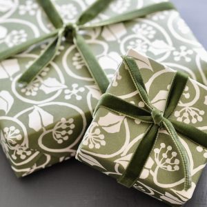 Moss Velvet Ribbon and Small Ivy Stripe Sage Green Paper