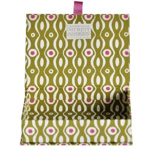 Postcard Box covered in Persephone Bright Olive and Cool Pink paper by Cambridge Imprint