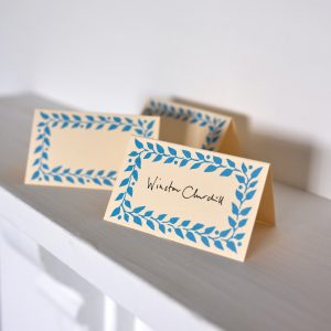 place cards with bright blue border
