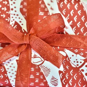 A parcel wrapped with Pumpkin ribbon and Dogs coral paper by Cambridge Imprint