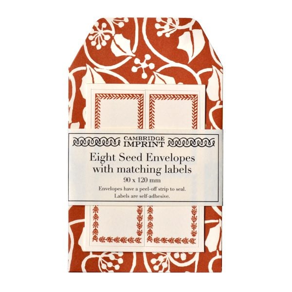 A Packet of Eight Seed Envelopes in Small Ivy Stripe Russet with Matching Labels